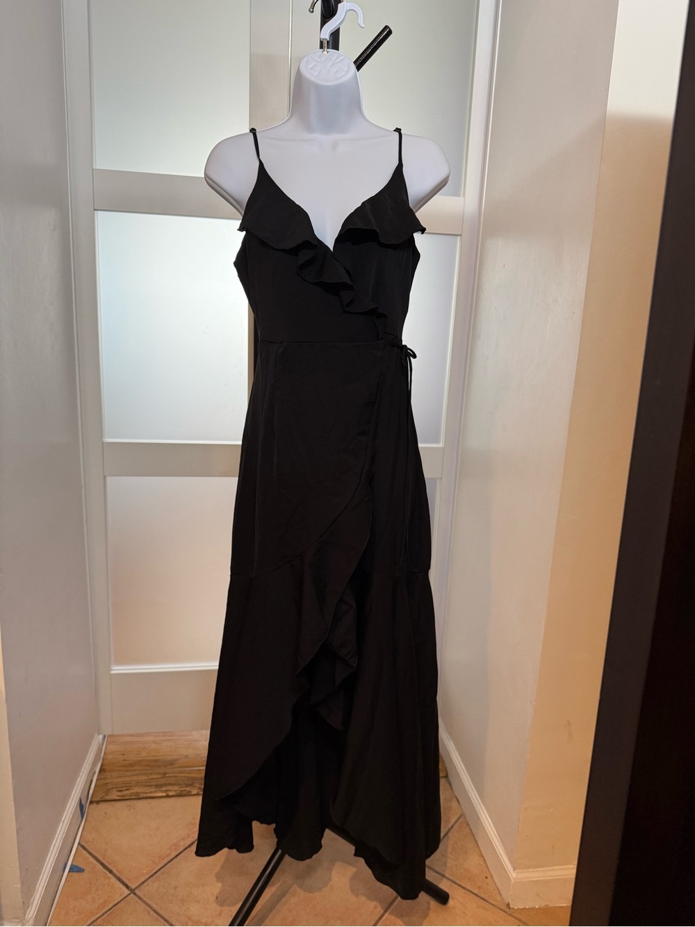 Princess Polly Black Ruffle Maxi Wrap Dress, Formal, size 4.